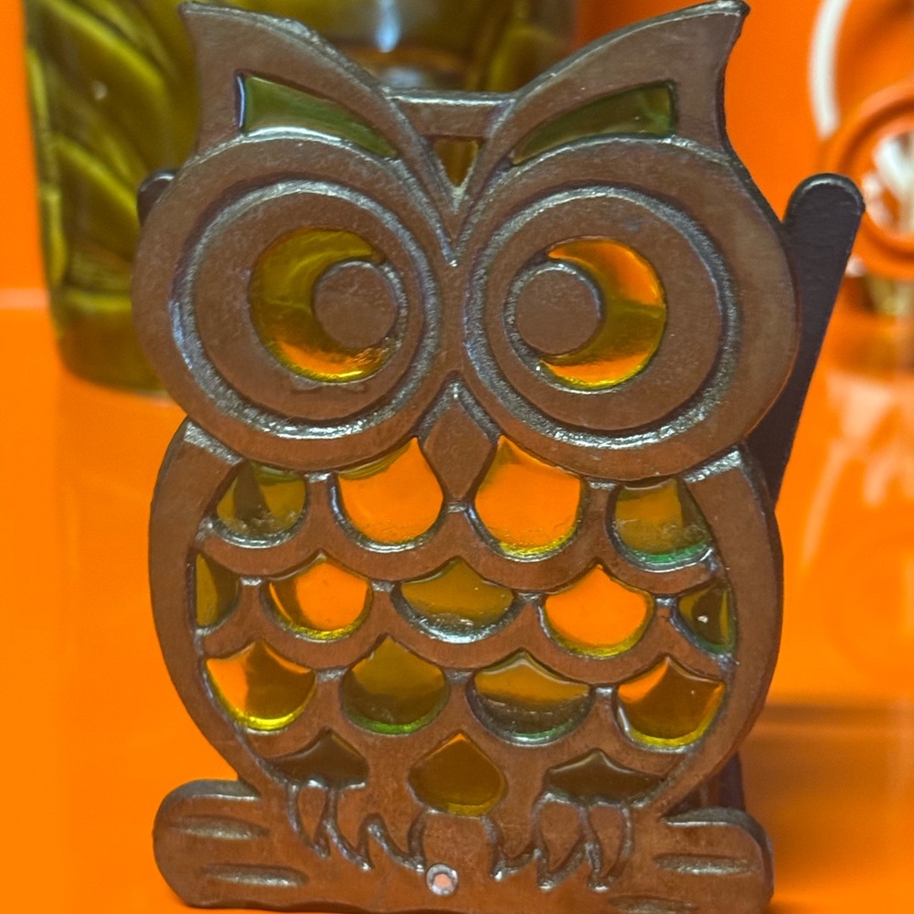 Vintage 1960s-70s Owl Stained Glass Cast Iron Napkin Holder Retro 5.5"